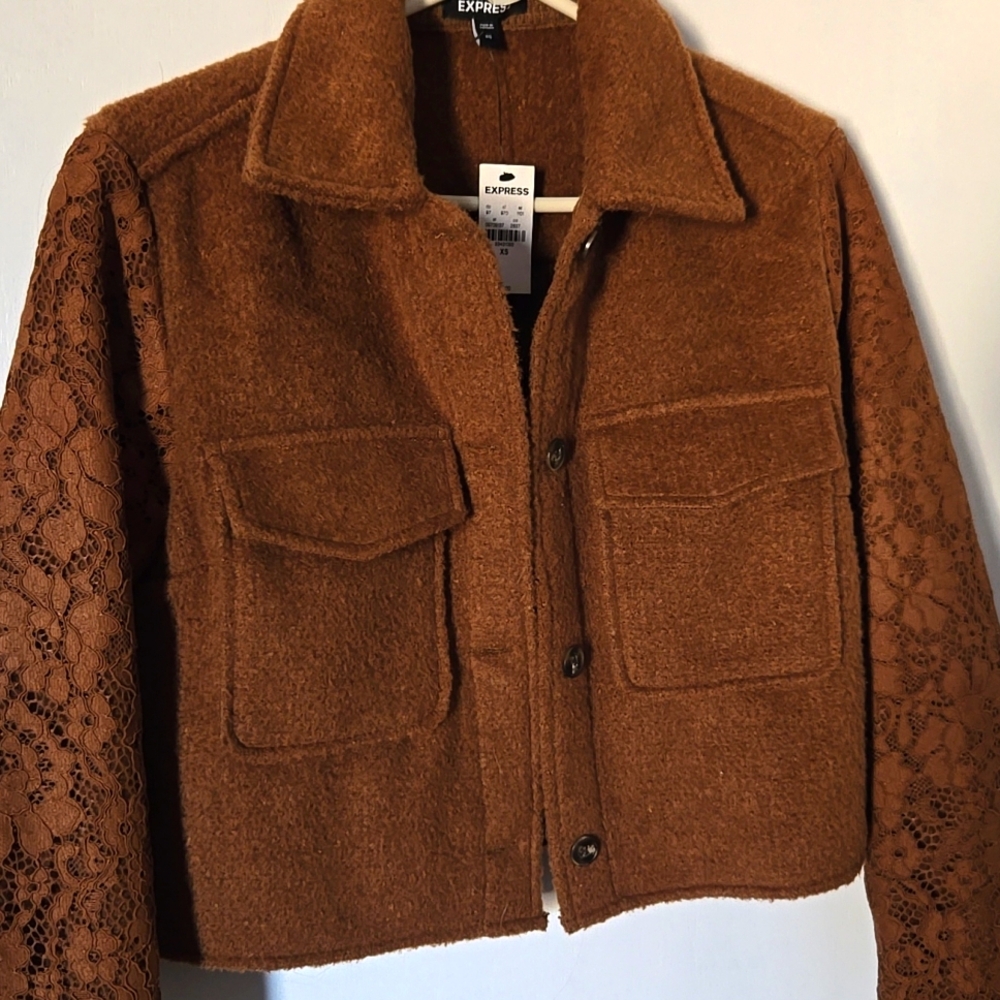 Cropped Brown Lace Sleeve Jacket